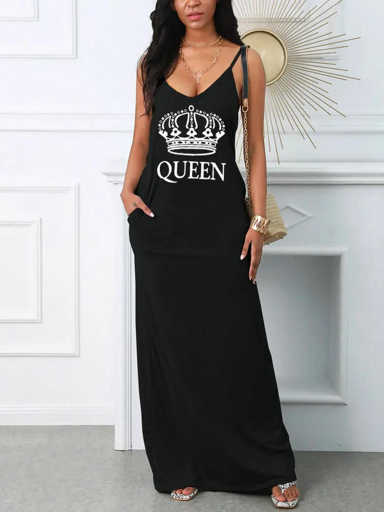 Women\'s Summer QUEEN Letter Printed Slim Fit V-neck Sexy Dress  Puff Short Sexy Women\'s Clothing Vacation  Female Dresses