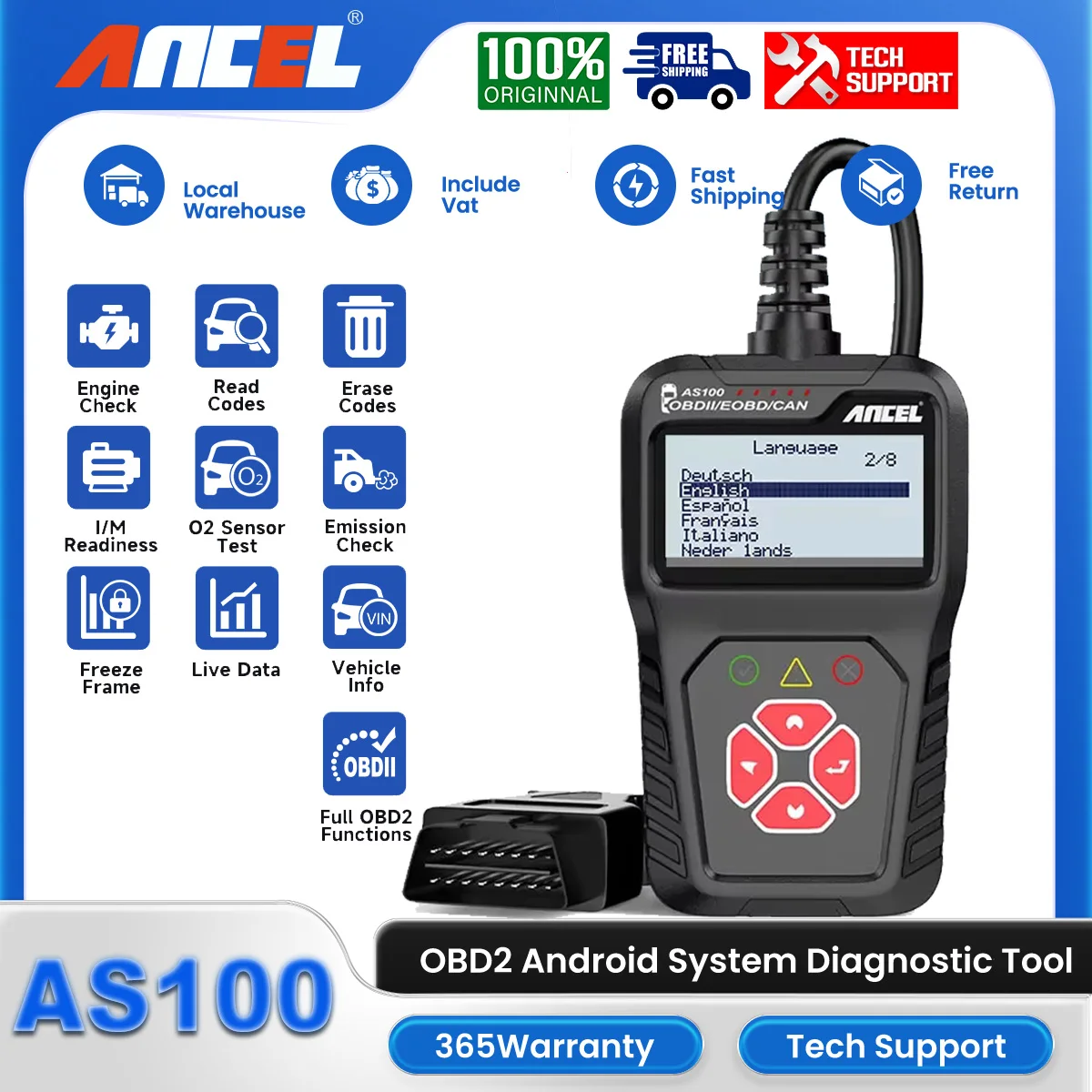 ANCEL AS100 OBD2 Car Scanner Vehicle Universal OBD 2 Check Engine Code Reader Fault Automotive Scan Diagnostic Tool PK ELM327