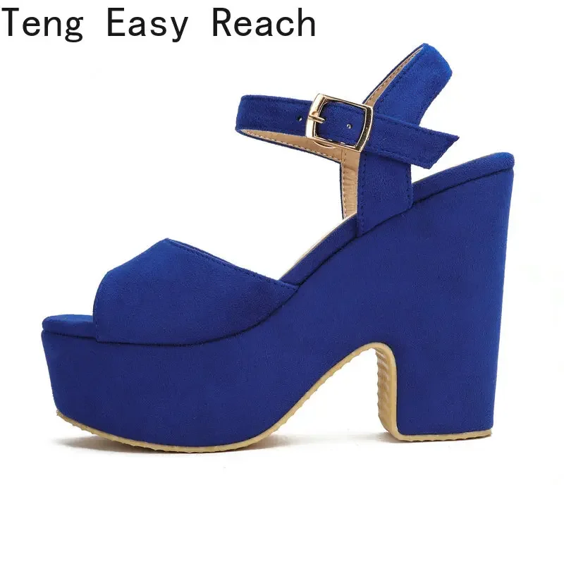 2024 Chic Summer Flock Blue Red Open Toe Platform Chunky High Heels Woman Shoes Buckle Strap Women Sandals Big Size 43