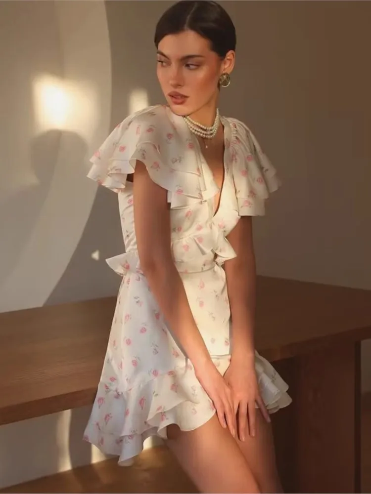 

Dresses 2026 Woman Sexy Floral Print V-neck New Evening Dress Temperament Sleeveless Package Hip Vestidos Simple Style All-match