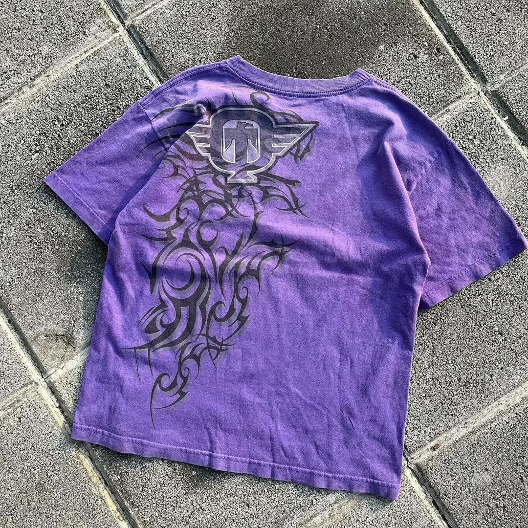 Y2K Street Retro New manica corta lettera modello stampato viola t-shirt uomo donna Hip Hop Harajuku cotone girocollo t-shirt