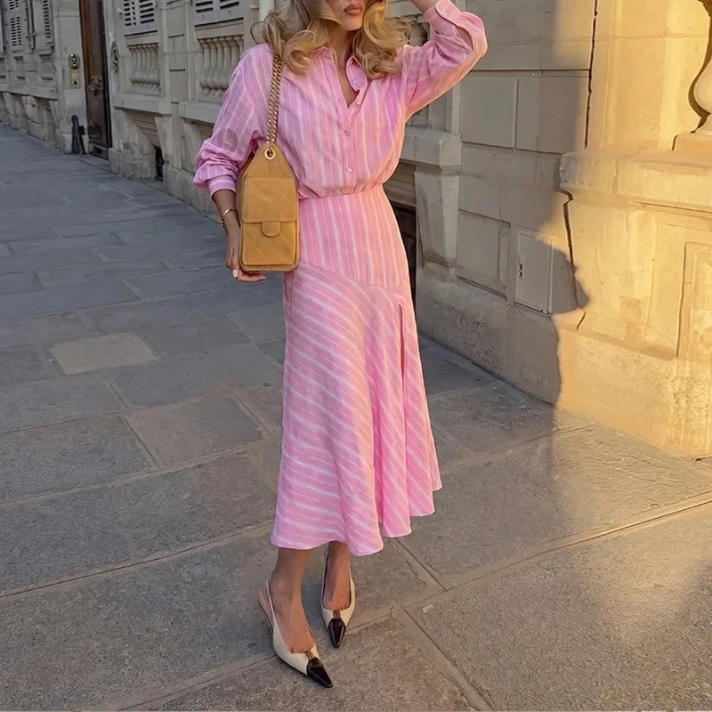 Pink Stripe Shirt Long Skirt Sets Women Lapel Full Sleeve Single-breasted Shirts Split Skirts 2026 Spring Summer Lady Suits