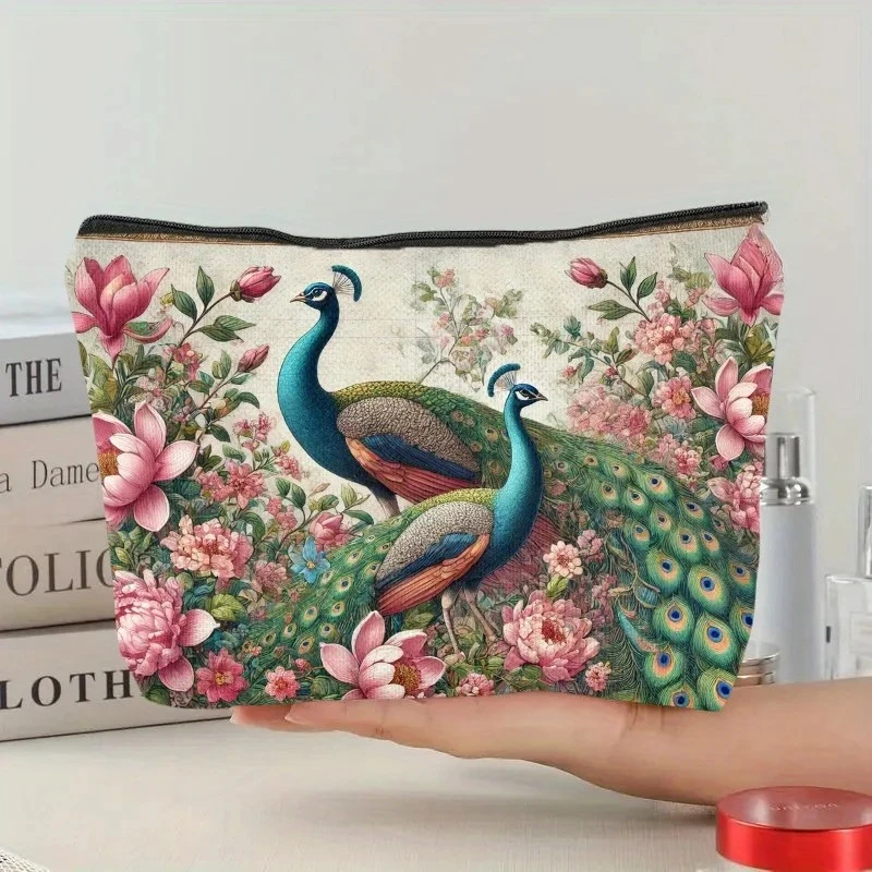 حقيبة مكياج على شكل طاووس وزهور - حقيبة نسائية لطيفة متعددة الوظائف بسحاب، حقيبة تخزين المجوهرات