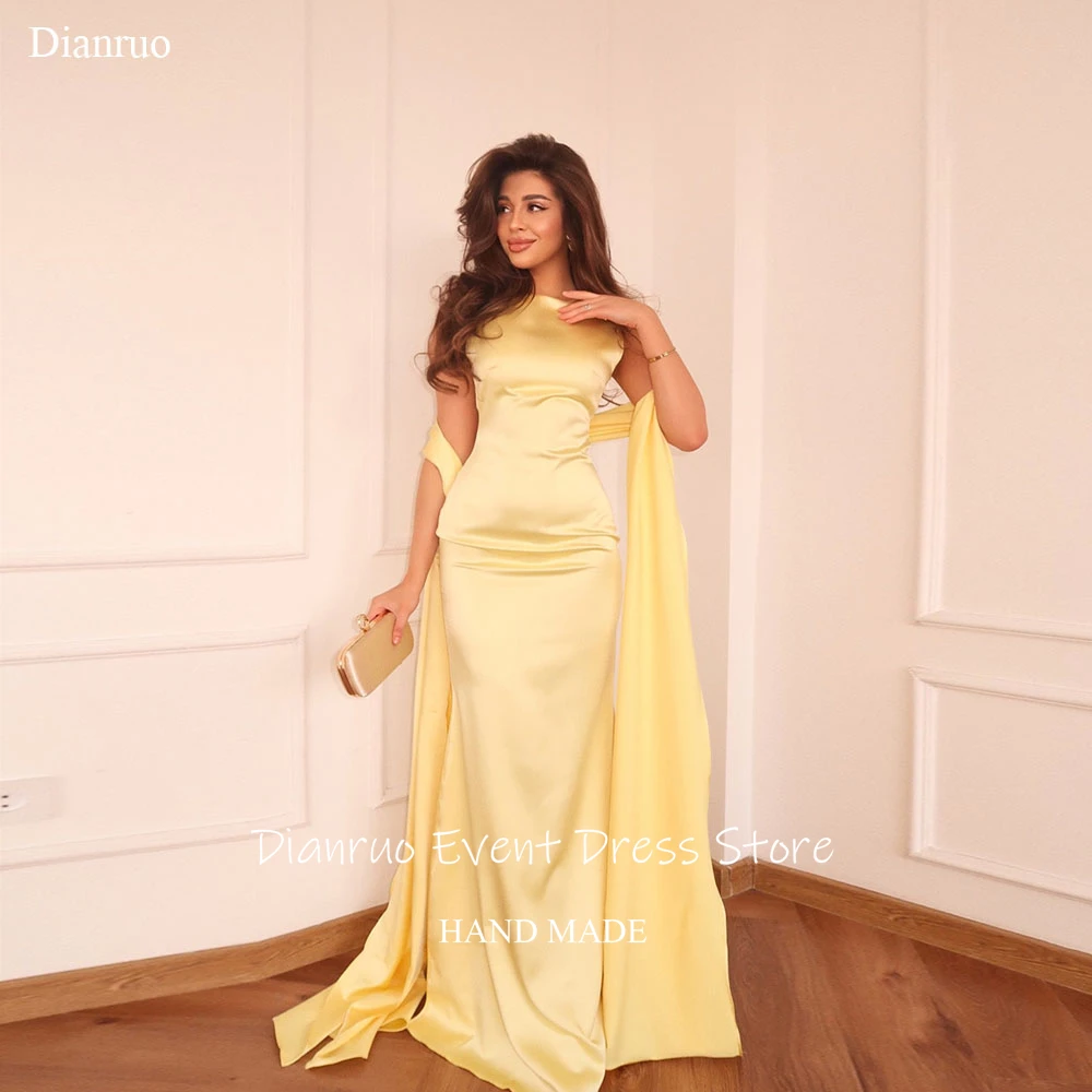 Dianruo-vestido de noche amarillo sin mangas, vestidos de fiesta de sirena de satén hasta el suelo, vestidos de desfile sin mangas para mujer personalizados