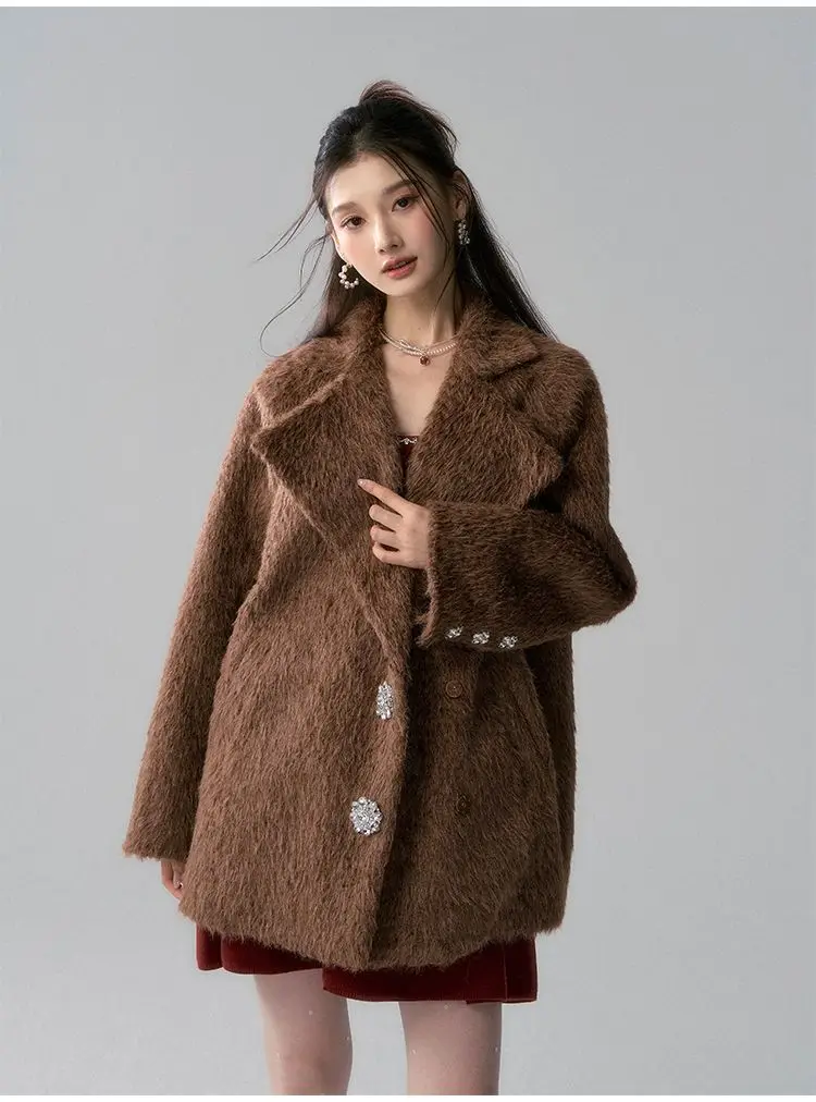 

Korea Woolen Fur Fashion Lapel Long Sleeves Women Blazer Jacket Warm Thick Single Breasted Loose Outwear Office Lady Commute