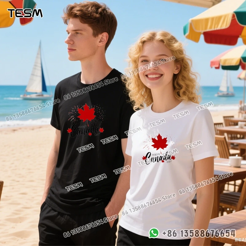 TESM Maple Leaf Print Men Cotton T-shirt Casual Loose Short-sleeve Party Parent-child Outfit Mom Dad Family Vacation Top