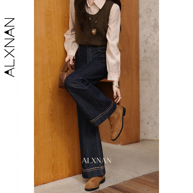 ALXNAN Dames donkerblauwe wijde jeans met hoge taille Herfstborduurwerk Zijden sjaal Rechte pijpen Losvallende casual denimbroek L57308
