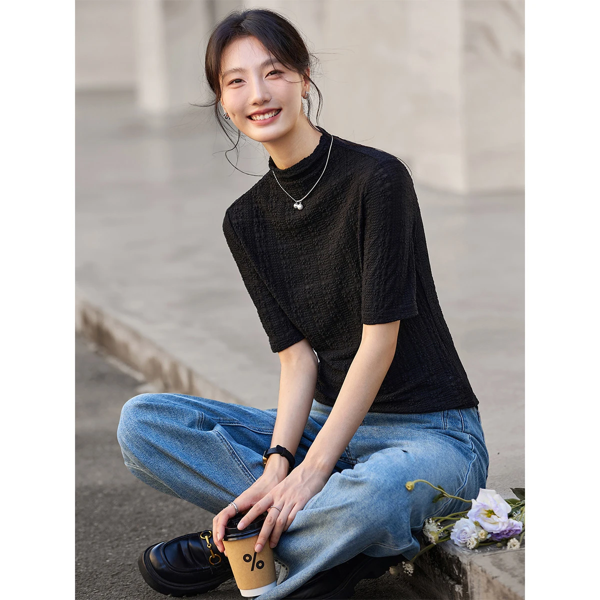 เสื้อยืดผู้หญิง Vimly รุ่นเรียบง่าย ปี 2025 ตกแต่งด้วยลูกไม้ ทรงเข้ารูป แขนยาว สไตล์เรียบหรู รุ่น A2860