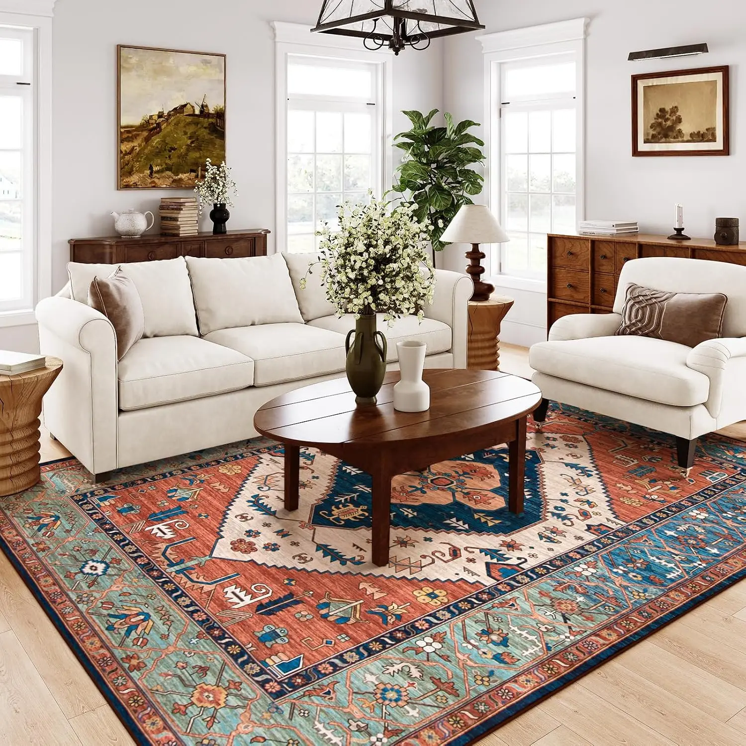 Extra Large 9x12 Rust Oriental Boho Washable Area Rug Non Slip Stain Resistant Indoor Carpet for Bedroom Dining Room