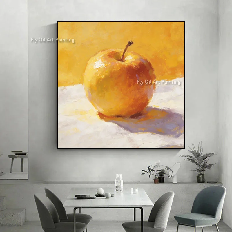Abstract Yellow Orange Artwork Hand Made Apple Canvas Thick Oil Painting Popular Design Fruit Wall Art Decor For Home Hall