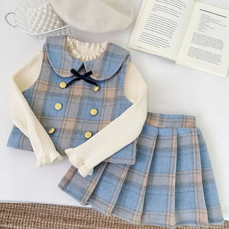 

Girls' JK Set Autumn/Winter New Style Children's Bow Collar Checkered Vest pleated Skirt College Style 2-piece Set 2025 New