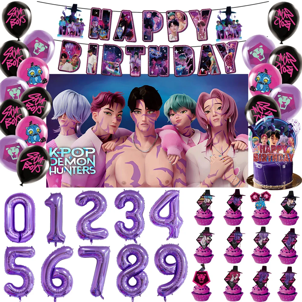 

KPop Demon Hunters Your Idol Saja Boys Birthday Party Decoration Cake Toppers Latex Balloons Anime Movie Backdrop Party Supplies