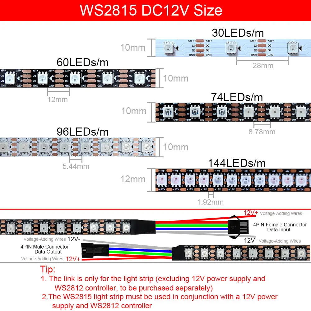 RGB 스마트 LED 스트립, WS2812B, WS2815, WS2812, 5050 RGBIC, 개별 주소 지정 가능 테이프 라이트, DC5V, DC12V, 30, 60, 74, 96, 144 픽셀/LED/m