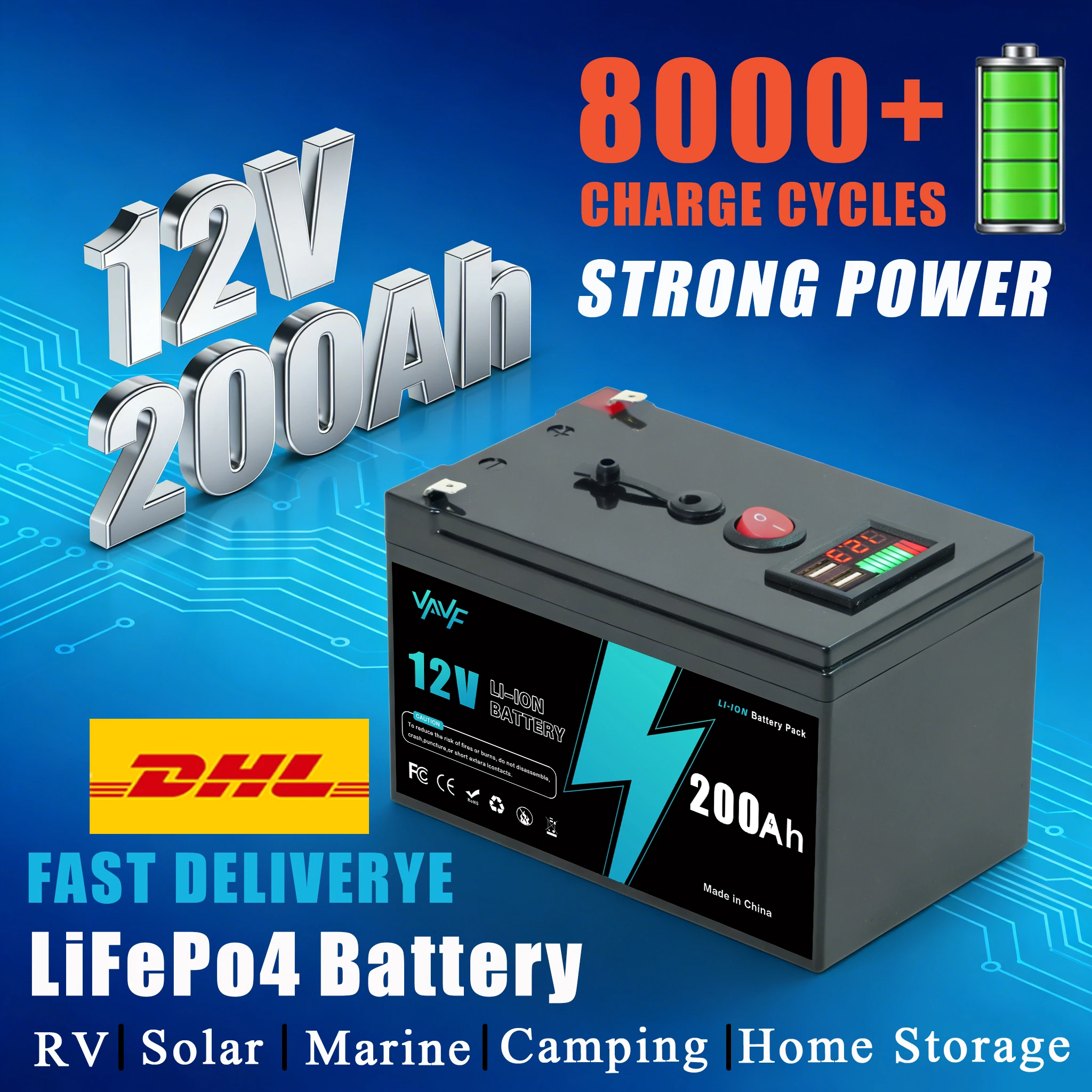 

12В 200Ач ️Солнечная ️ Аккумулятор Литиевая батарея глубокого цикла, встроенная BMS-идеально подходит для солнечных систем, кемперов, лодок и кабины