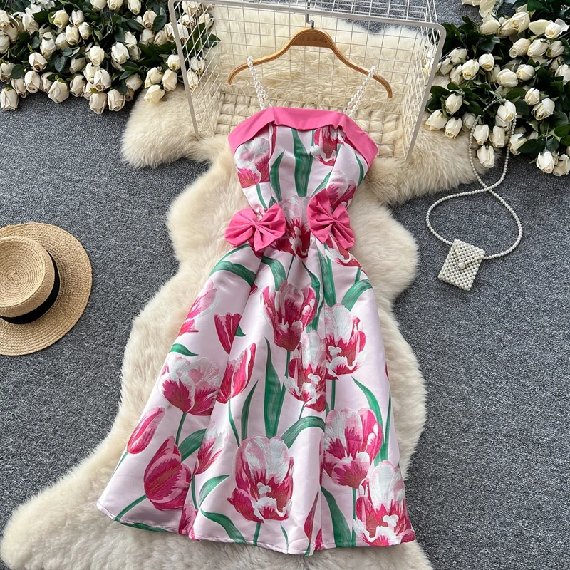 Robe d'été légère de luxe pour femmes, tridimensionnelle, papillon, taille cintrée, bretelles imprimées, grande robe trapèze, 2025