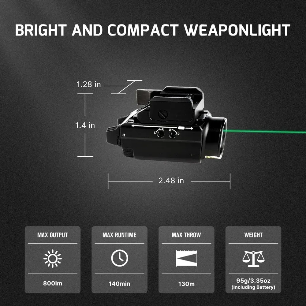 Compact Rail Mount Weaponlight with Green Beam and White LED Combo, Magnetic USB Rechargeable Tactical Flashlight