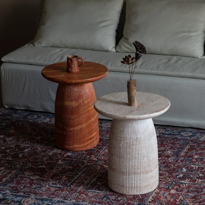 Wabi Sabi Natural Travertine Fluted Ribbed Cone Base End Table Round Stone Top Minimalist Living Room Sofa Corner Decor
