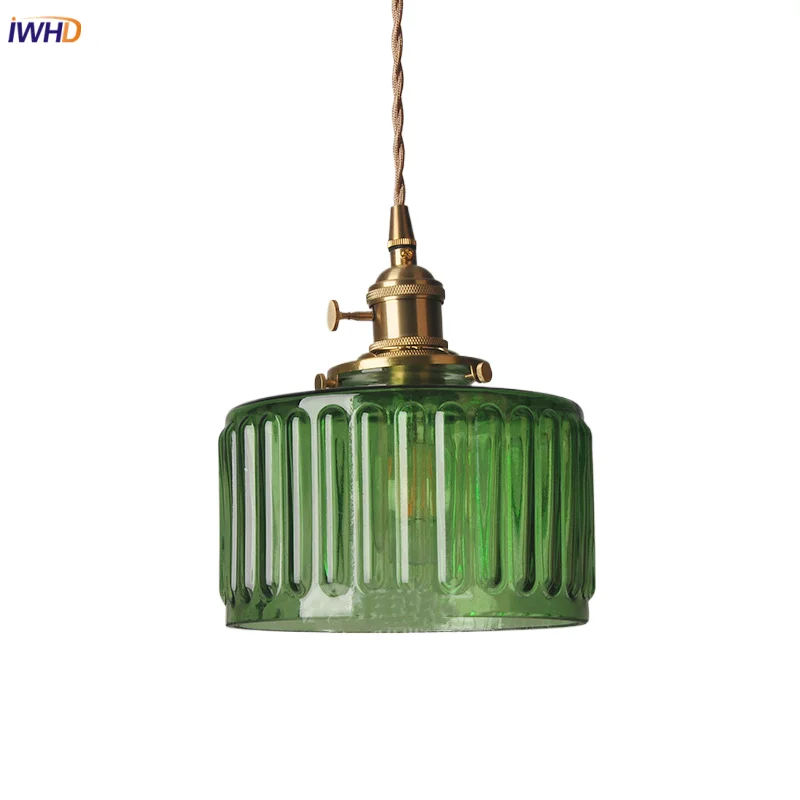 IWHD Simple LED Pendant Light Fixtures Porch Dining Room Bedroom Bedside Lamp Green Glass Hanging Light Nordic Modern Hanglampen