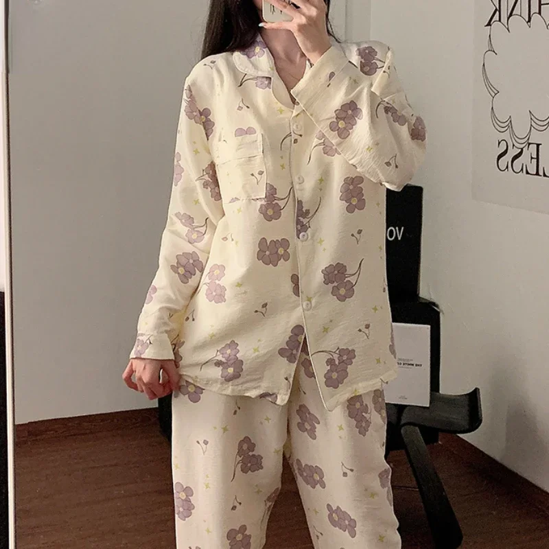 Pajama Sets for Women Spring Autumn Sweet Print Homewear Aesthetic Ulzzang Princess Tender Fashion Padded Sleepwear Students New