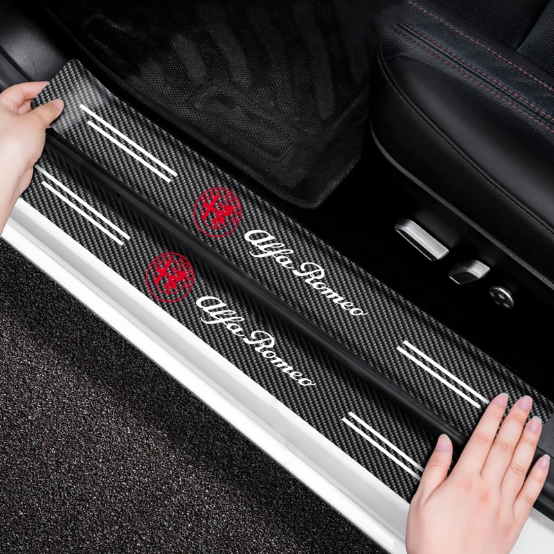 4Pcs Carbon Fiber Car Door Sill Threshold Protector Logo Stickers For Alfa Romeo 159 Mito Stelvio Brera Spider Giulietta Giulia