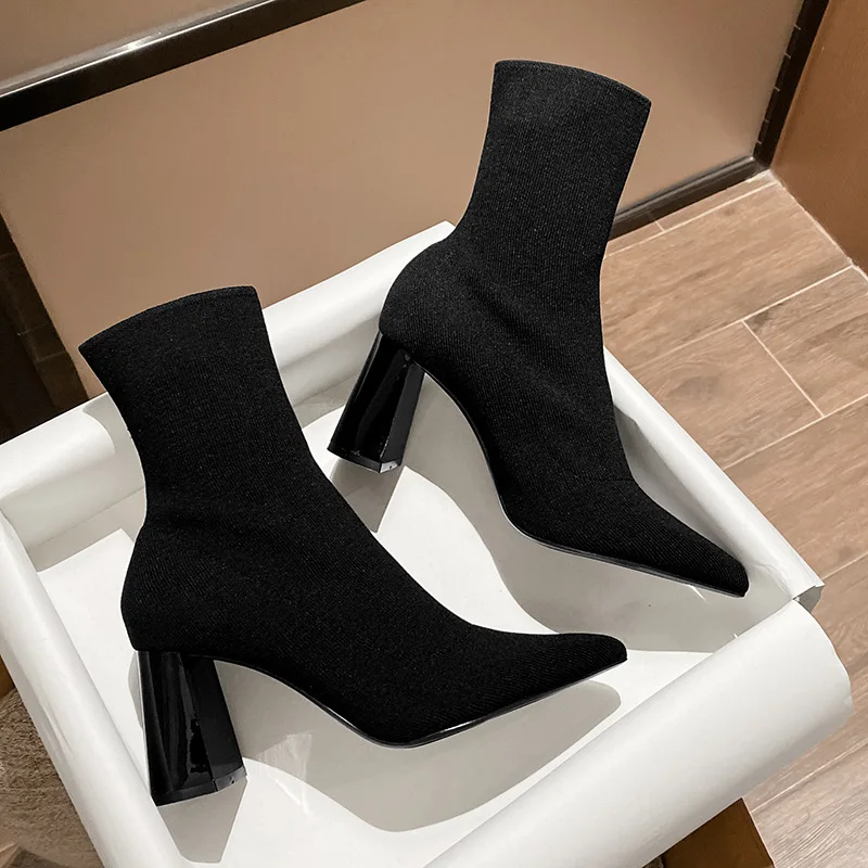 Boots Socks Heels  Winter Shoes For Women Boots-Women Stockings 2024 Autumn Rubber Pointy High Heel Ankle Ladies Lace-Up Pointed