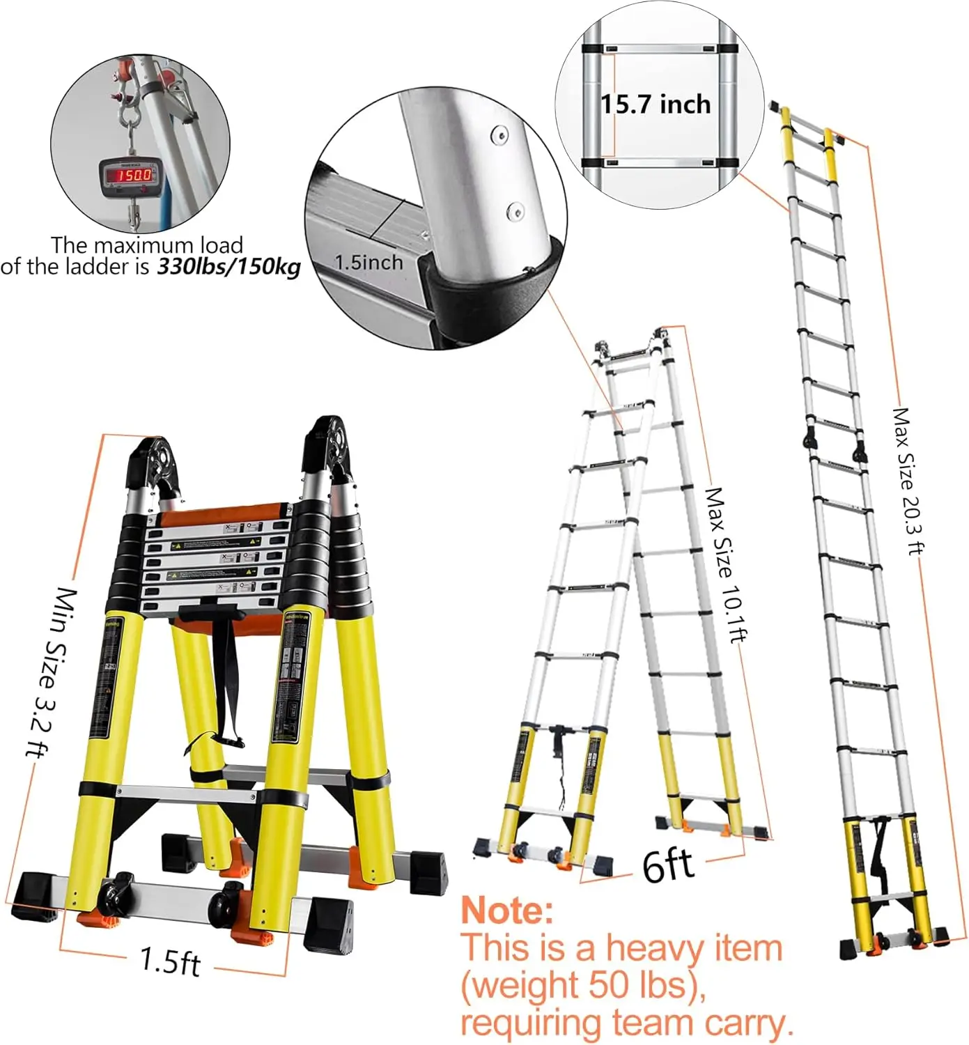 Double Balance Bar/Wheels/Tools Bag, Type-A Collapsible Ladder Adjustable Extension Ladder