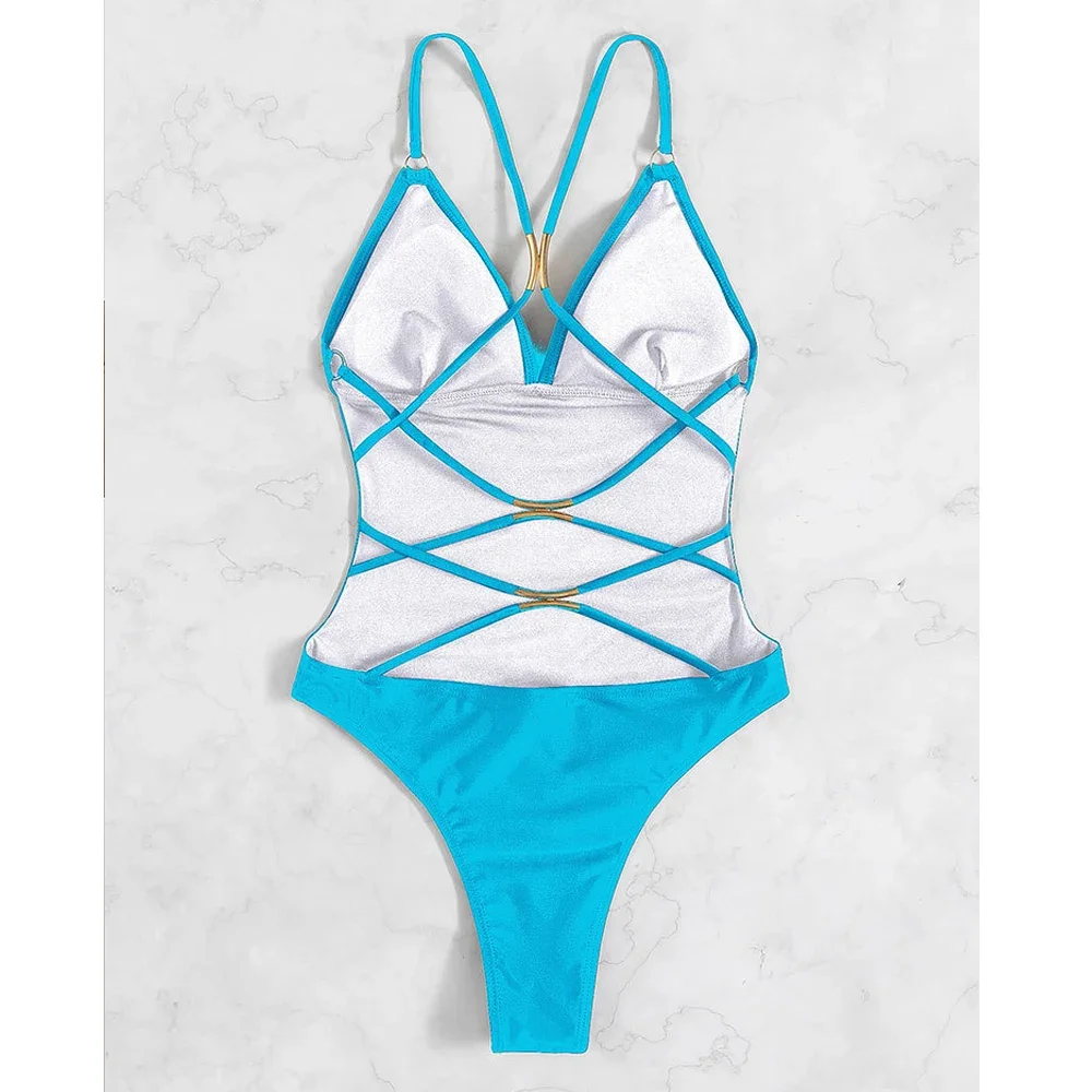 VigCasey 2025 Solid Strapped Swimwear Women Sexy Push Up High Cut One Piece Swimsuit Monokini Backless Cross Hollow Bathing Suit