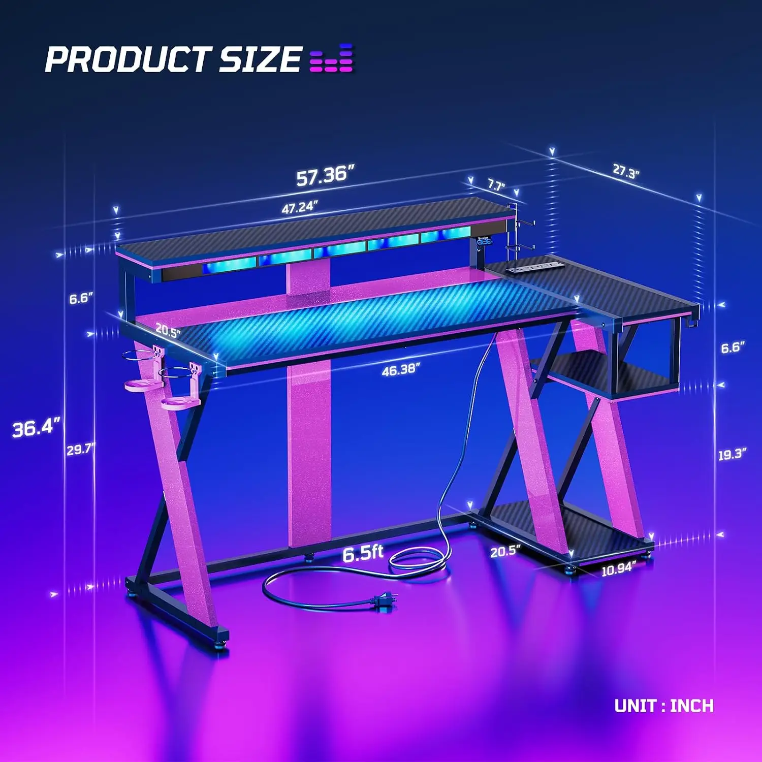 Gaming Desk LED Light Monitor Stand PS5 Storage Shelves Cup Holder Headset Hook Small Space 57 Inch, Customized