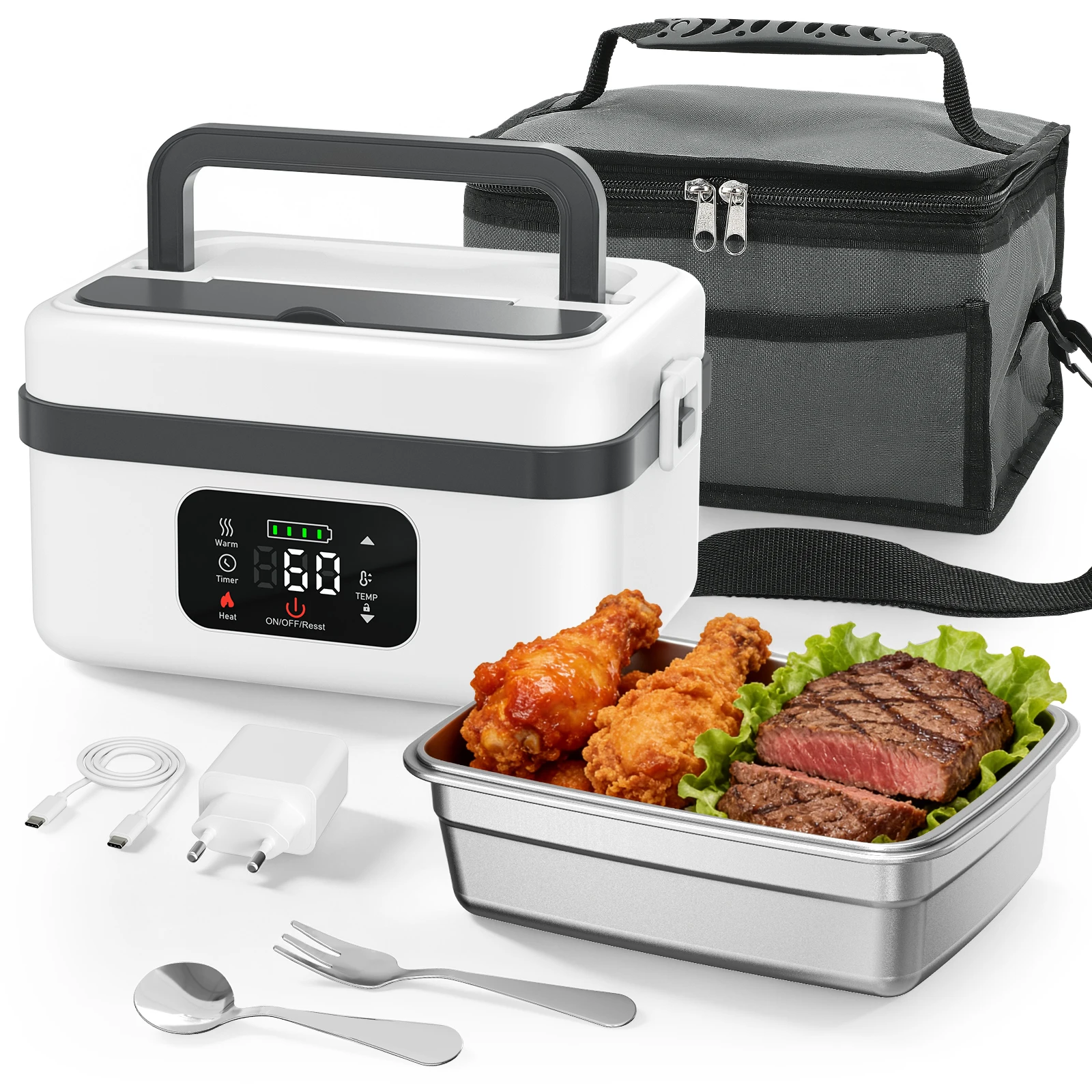 Boîte à lunch électrique intelligente, chauffante sans fil, étanche, avec température et minuterie réglables, fonction maintien au chaud, minuterie préréglée, récipient en acier inoxydable de 1 L, cuillère et fourchette, sac isotherme portable pour le bureau, les voyages et les activités de plein air