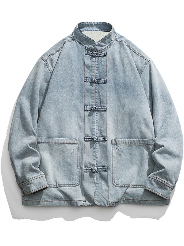 

Men's Fce Lined Thiened Denim Jaet Autumn Winter Warmth Waed Vintage Chinese Sle Outerwear Long Sve Stand Collar