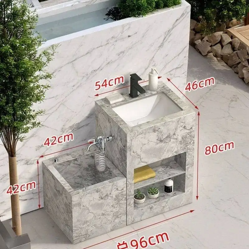 Outdoor courtyard rock slab integrated mop pool, rock slab column basin, floor-to-ceiling bathroom cabinet wash basin mop pool