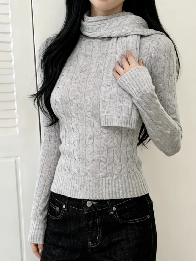 

Retro Geometric Pattern High Collar Sweater Women's Slim ort Sle with Scarf Knitted Top Warm Upper Body Autumn Winter New...