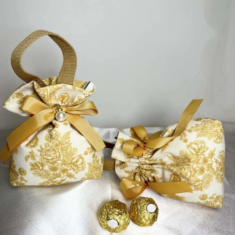 

Pearl Pendant Canvas Floral Drawstring Bag Satin Bow Large Capacity Festive Sugar Bag Wedding Candy Bag Bucket Bag