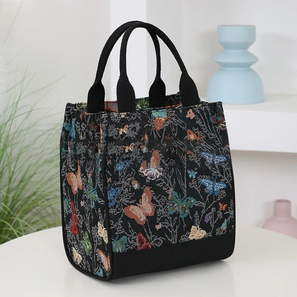 New Fashion Flower Printed Lunch Bag Portable Jacquard Canvas Bag Large Capacity Zipper Mom's Bag Women