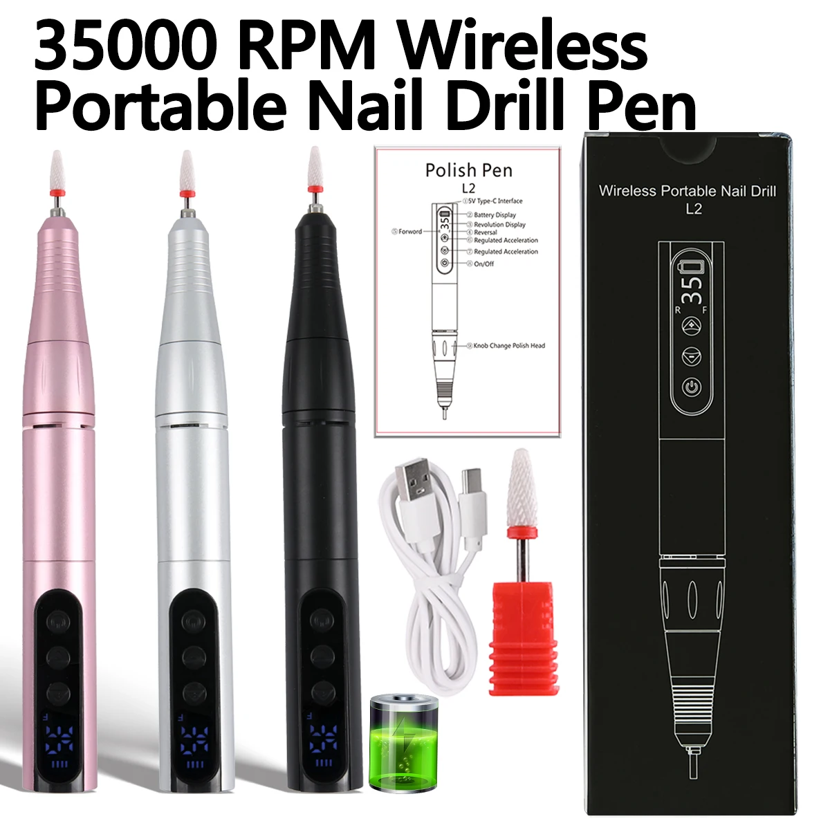 

35000RPM Wireless Nail Drill Pen USB Nail File Polishing Pen Rechargeable Nail Drill Machine Portable Manicure Drill Salon Tool