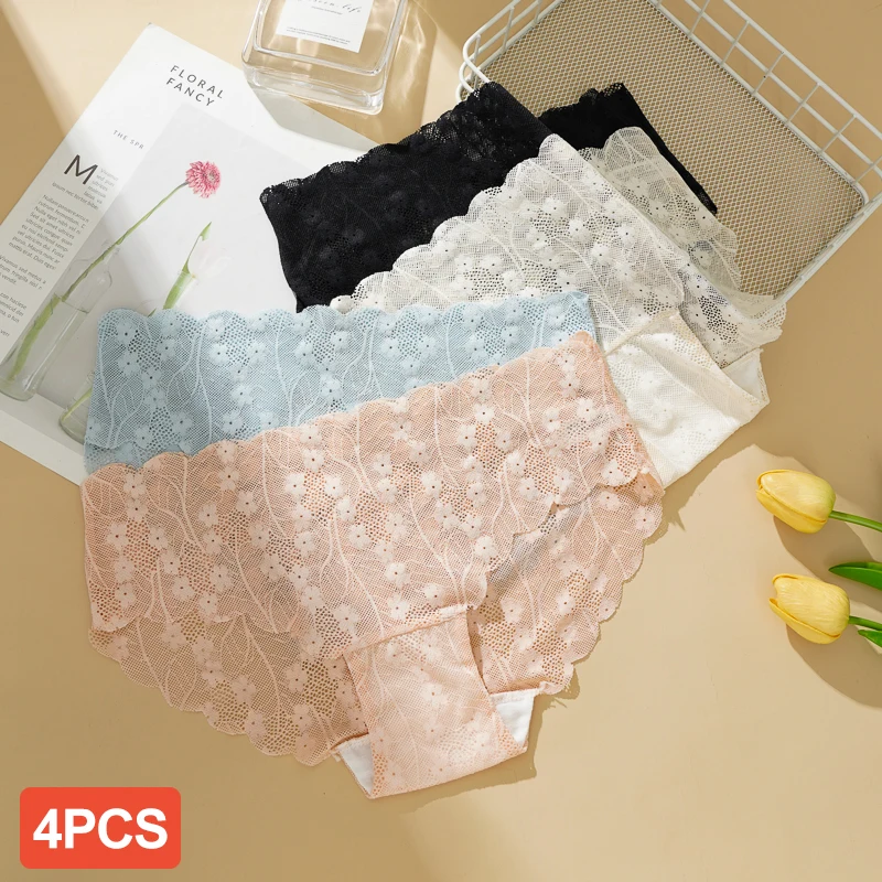 4PCS French Lace Wave Sexy Seamless Panties for Women Thin Hollow Skin-friendly Breathable Low Waist Briefs