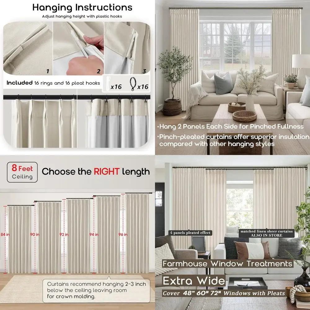 Cortinas plissadas de linho isoladas, bege claro, 40x84 para aquecimento de inverno em salas de estar e quartos