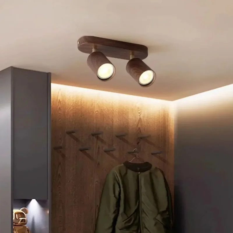 Retro Rotatable Wooden Spotlight Ceiling Light Lamps for Corridor Aisle Balcony Cloakroom  Led Wrought Iron 3-Head Track light