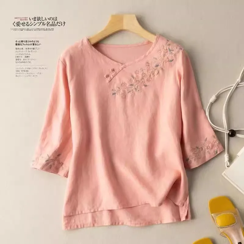 

Летняя винтажная блузка 2026 с вышивкой лягушки, женская, с V-образным вырезом, в этническом стиле, из хлопка и льна, повседневная свободная блузка, короткий топ