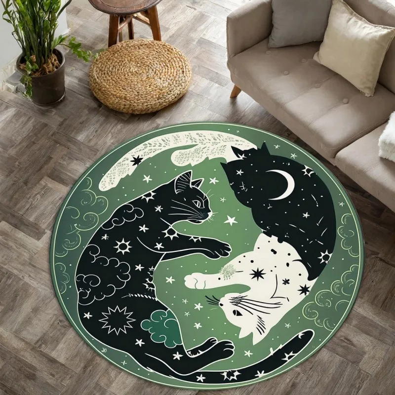 

Yin Yang CAT Printed Round Carpets for Home Living Room Rug Bedroom Decor Rug Non Slip Washable Flannel Floor Mat