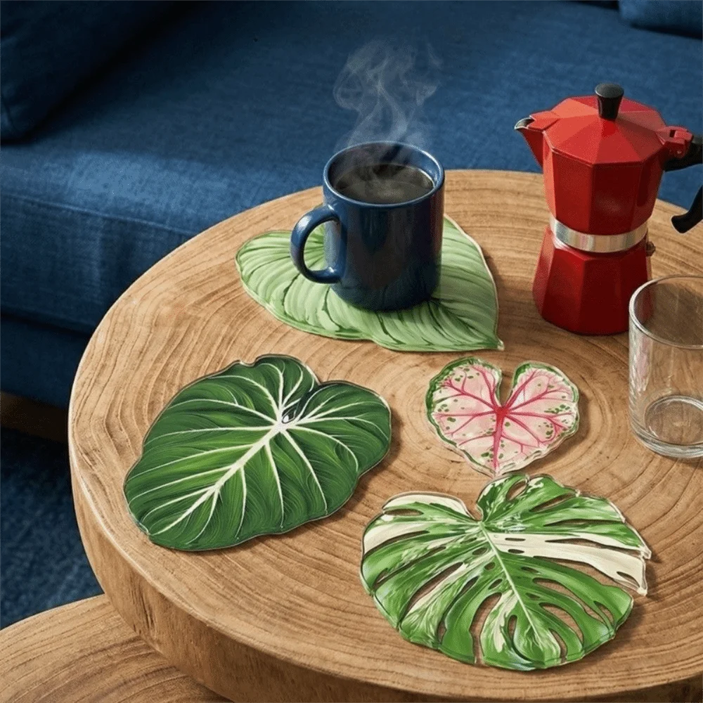 New Acrylic Green Leaf Coaster Irregular Shape Anti Slip Plant Leaf Cup Mat Easy to Clean Heat Insulation Cup Pad Desk Ornament view 2
