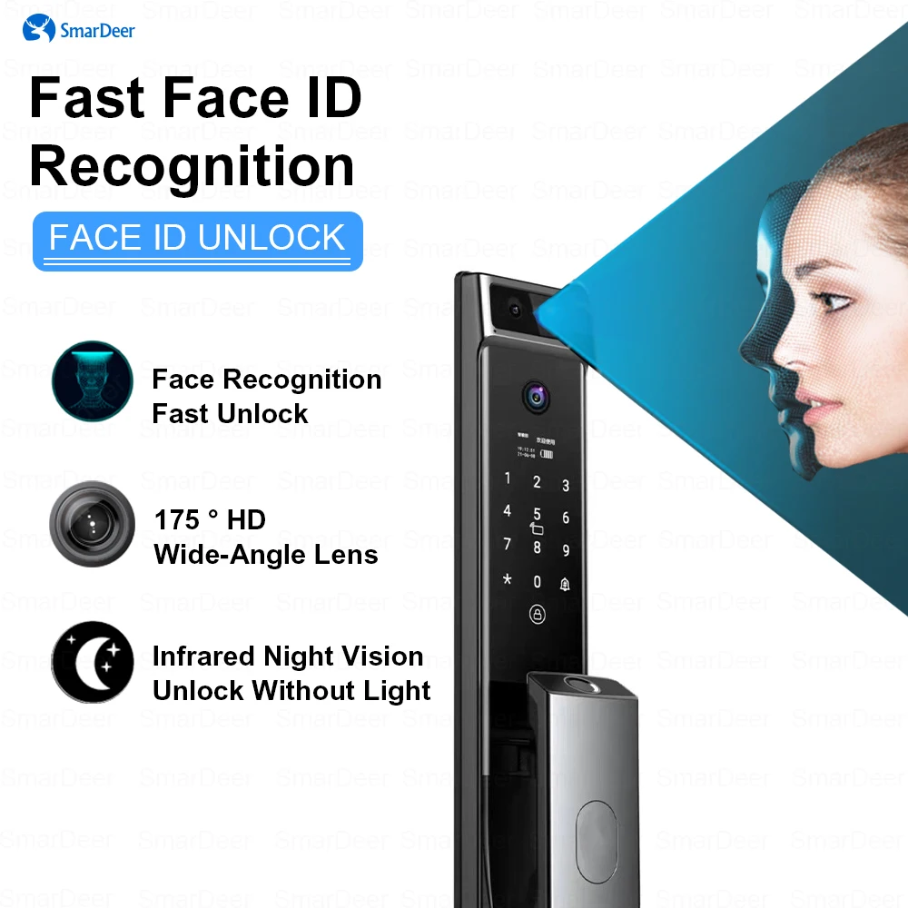 SmarDeer Smart Door Lock with Camera Face Recognition Digital Electronic Lock with Visual Doorbell Keyless Entry Remote Unlock