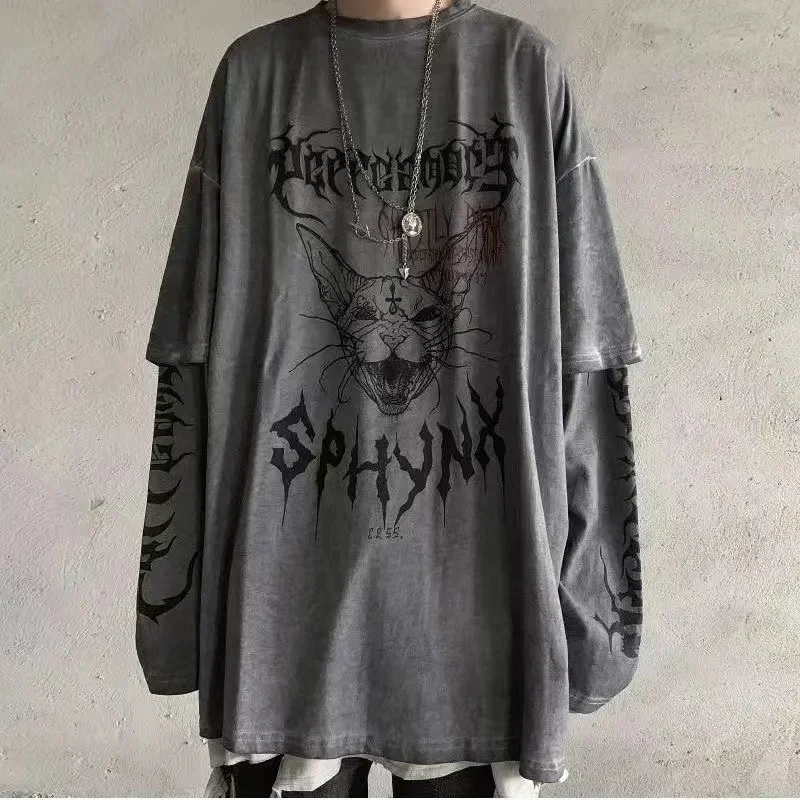 Emo Men Gothic Korean Unisex Streetwear Japan Halloween T Shirt Tshirt Harajuku Tops Tees Long Sleeve Fairy Grunge Alt Clothes