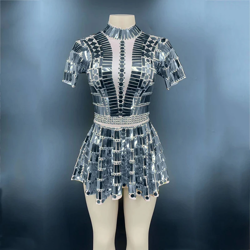 2025 Nightclub Bar Female Singer DJ Shiny Mirror Costume Short Sleeves Dress Gogo Dance Costume Rave Party Gold Stage Outfit yj