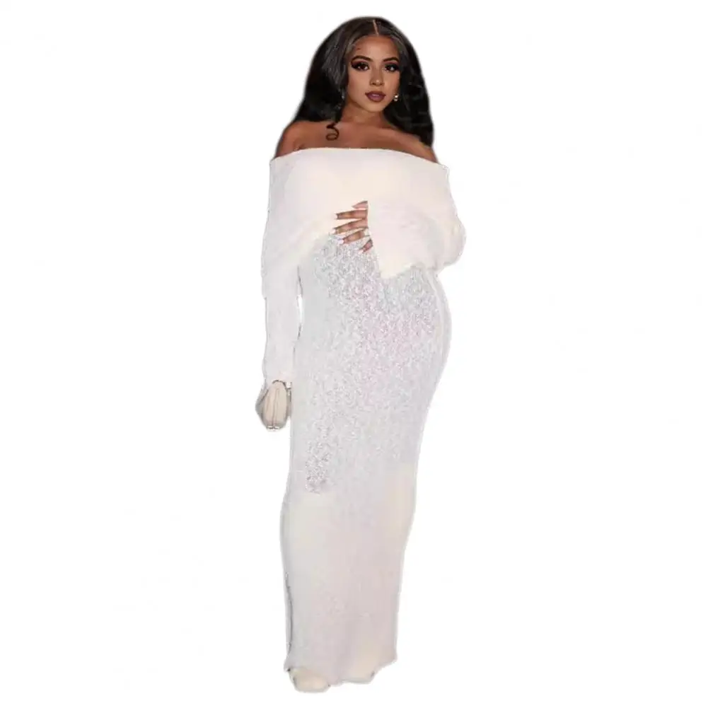 Robe longue en tricot à manches longues pour femmes, robe transparente ajourée, robe initiée pour les fêtes, fête, club, vêtements élégants