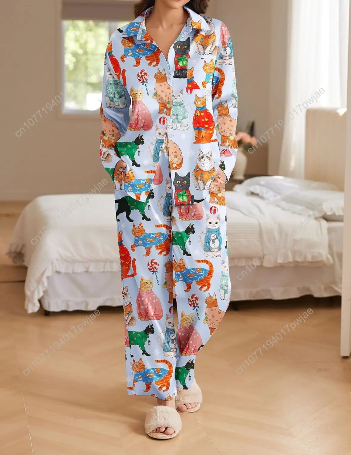 Ekouaer Damen-Pyjama-Set aus Satin, seidig, 2-teilig, bedruckt, Pyjama, weiche Loungewear, Button-Down-Nachtwäsche mit elastischem Bund, lange Hose