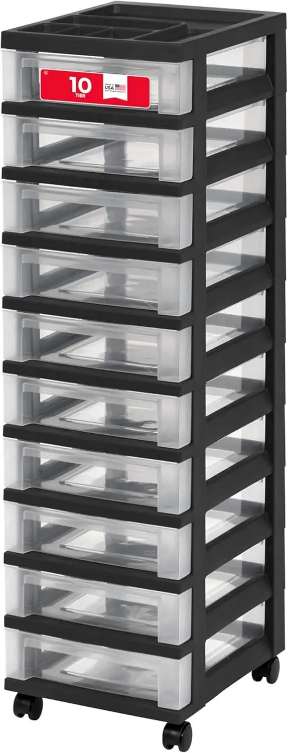 

10-Drawer Rolling Storage Cart with Wheels for Classroom, Craft Supplies, Bathroom & Laundry Room in Black/Clear