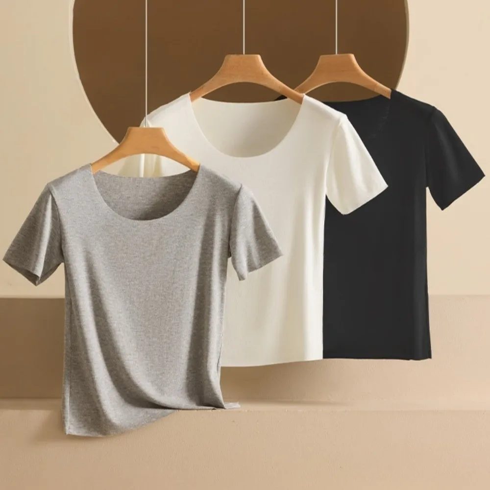 

Элегантные женские тонкие футболки с круглым вырезом, однотонные, с коротким рукавом, укороченные топы, модальные майки, базовые рубашки для женщин