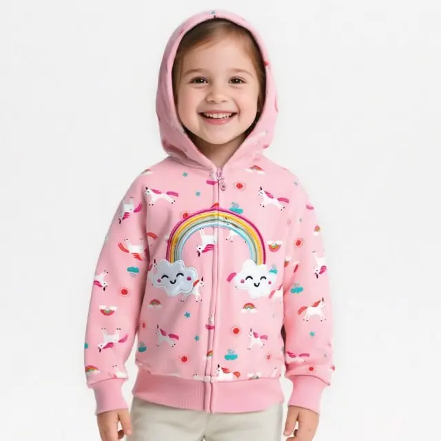 Little Hand Girls Zip‑Up Hooded Jacket Pink All‑Over Unicorn Print Hoodie Spring Autumn Cotton Casual Coat for Kids 2‑7 Years