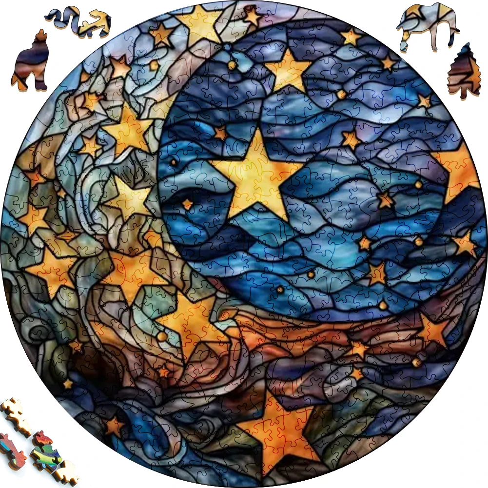 

Mysterious Wooden Puzzle painted Beautiful Stars Moon Funny Toy Cartoon Wood Puzzles Smart Game Round Shaped Jigsaw Puzzle